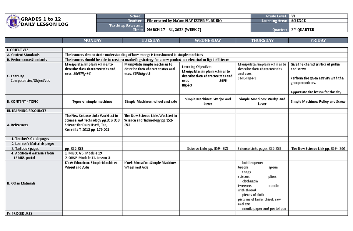 DLL Science 6 Q3 W7 - ndvhioehoihoihihfihe - GRADES 1 to 12 DAILY ...