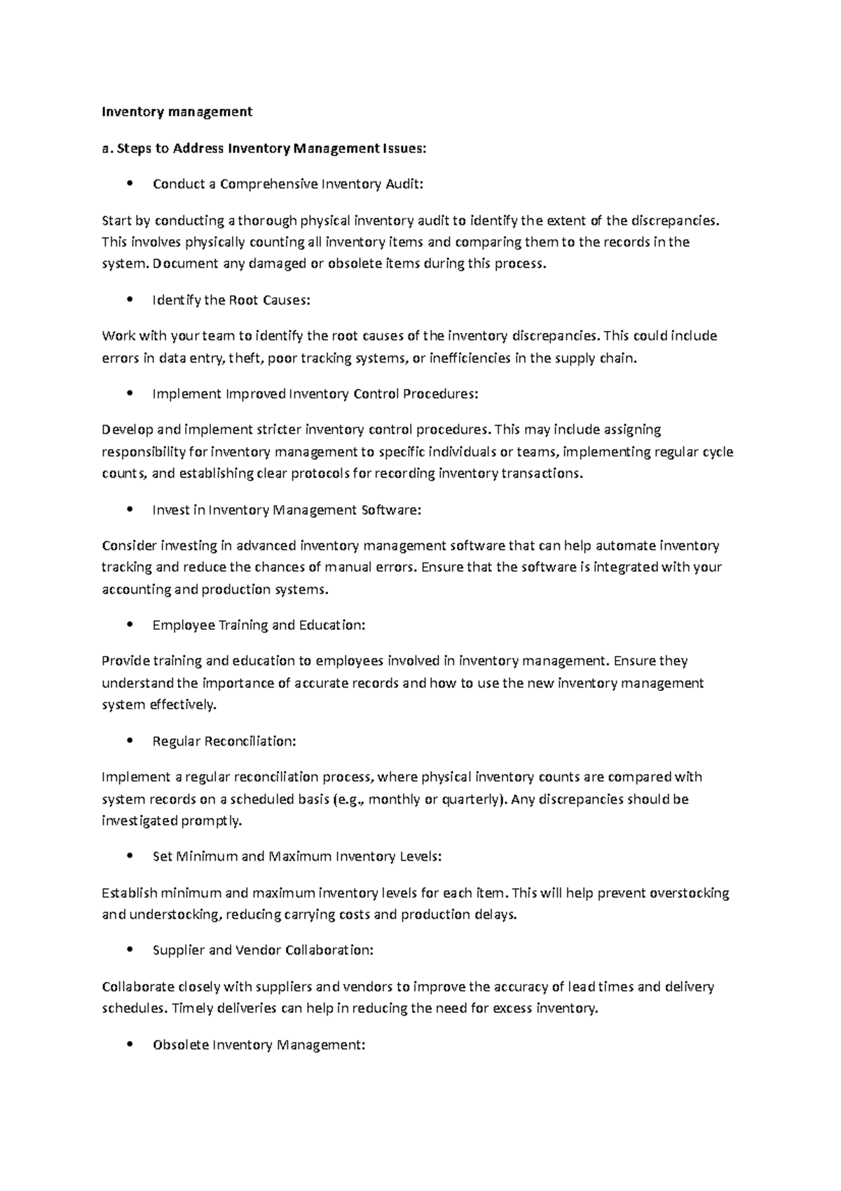 Assignment Inventory management a. Steps to Address Inventory