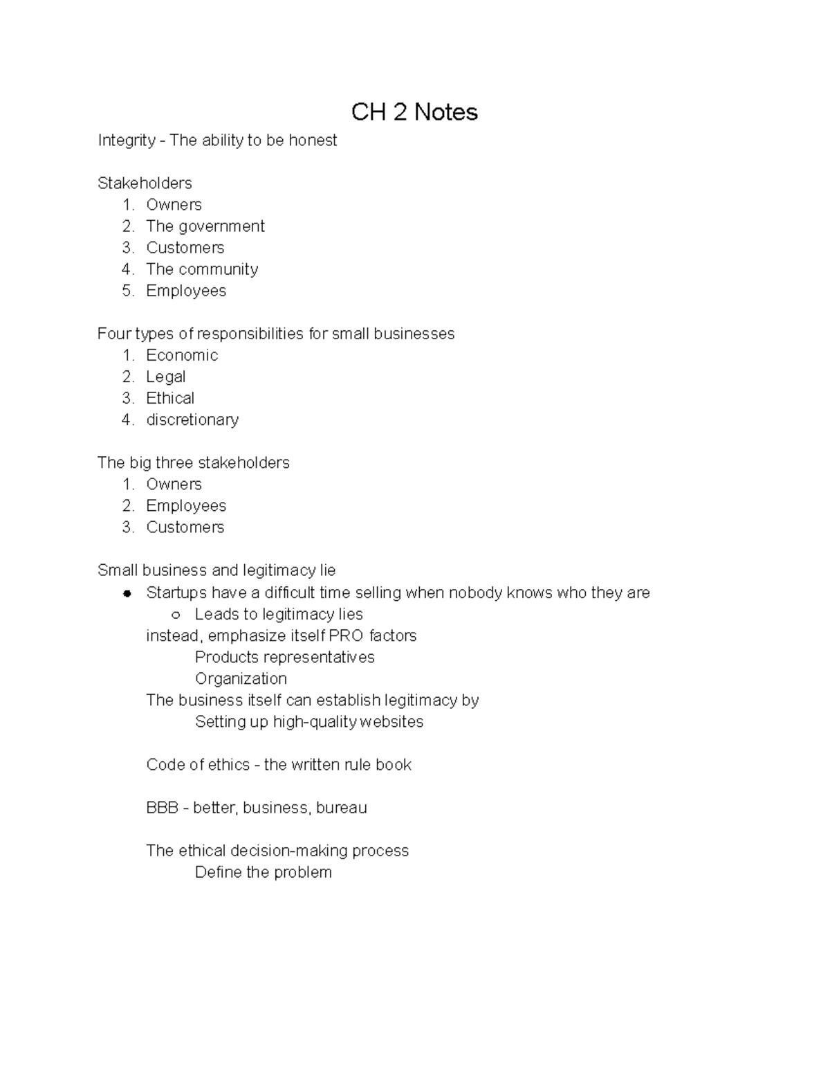 Small business CH 2 notes - CH 2 Notes Integrity - The ability to be ...