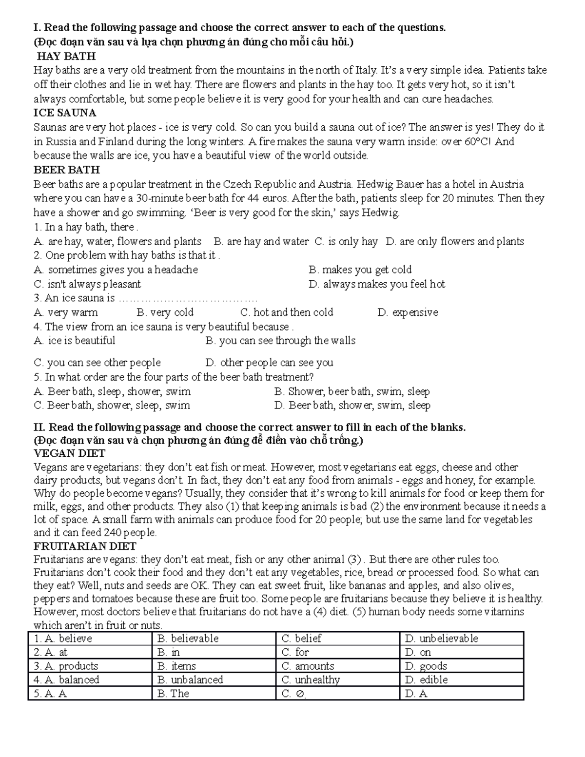 Reading Practice - Anh 9 - I. Read The Following Passage And Choose The ...