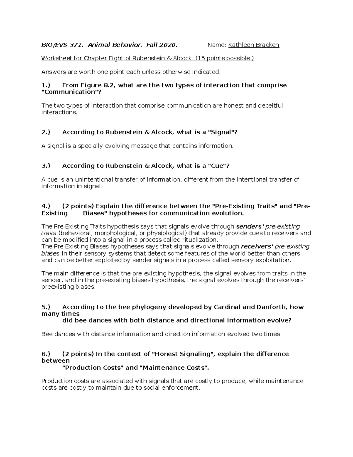 Chapter 8 Worksheet, Rubenstein & Alcock - BIO/EVS 371. Animal Behavior ...