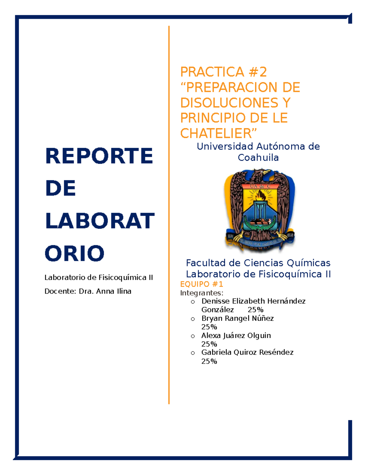 Reporte Practica 1 Fisicoquimica 2 - REPORTE DE LABORAT ORIO ...