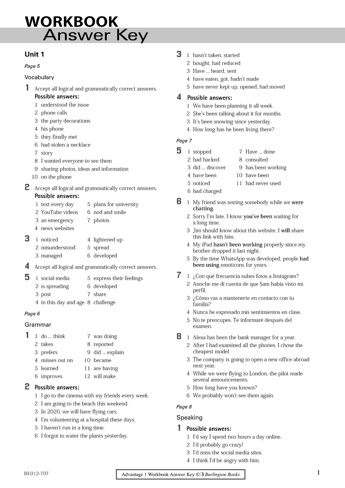 WORKBOOK Answer Key Burlightonbooks Advantage Edition 1 Bachillerato ...