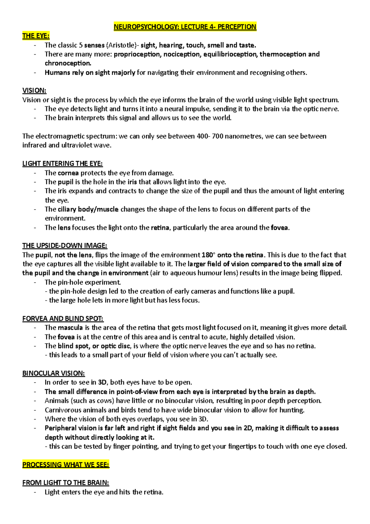 (4) Perception - Lecture notes 4 - THE EYE: The classic 5 senses ...