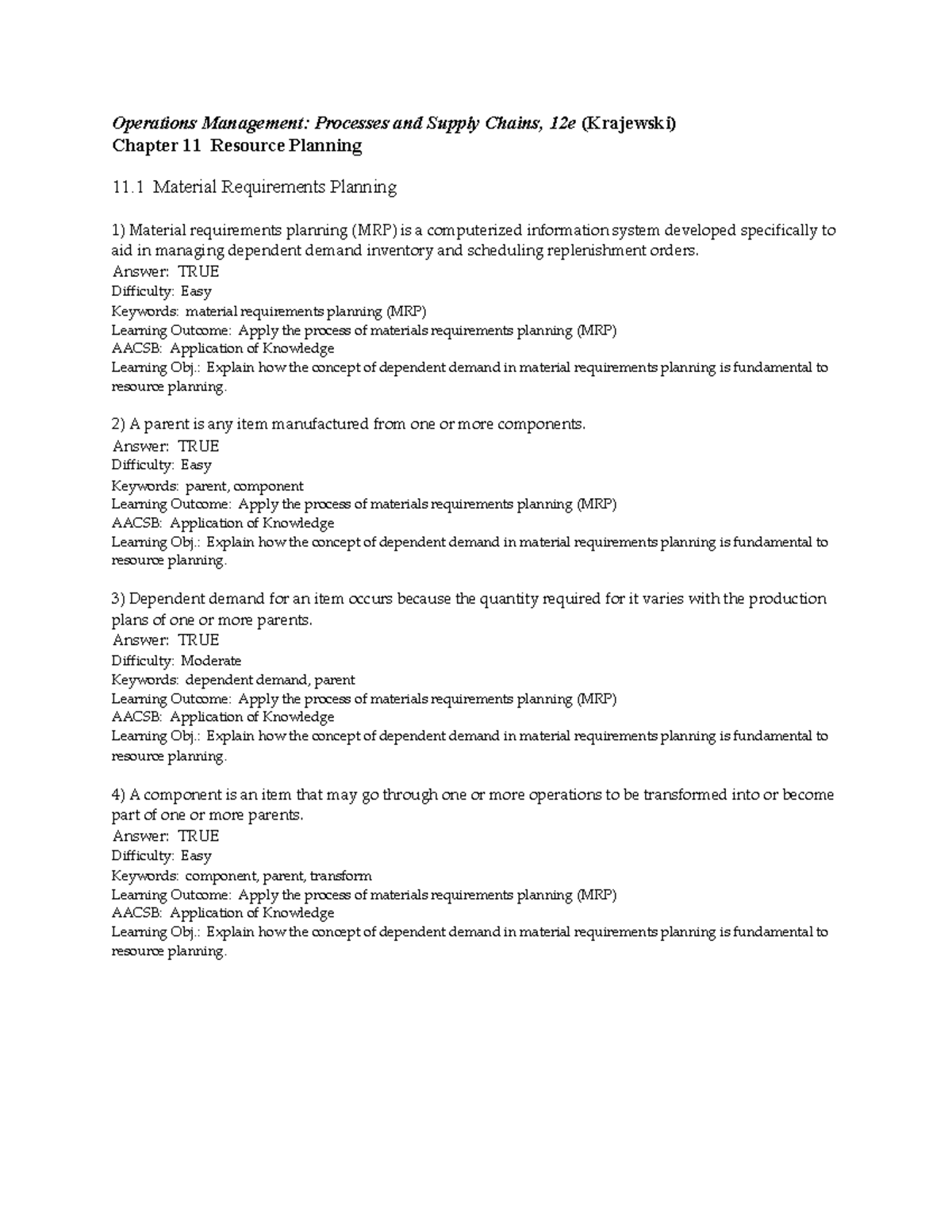 Test Bank Chapter 11 Resourse Planning - Operations Management ...