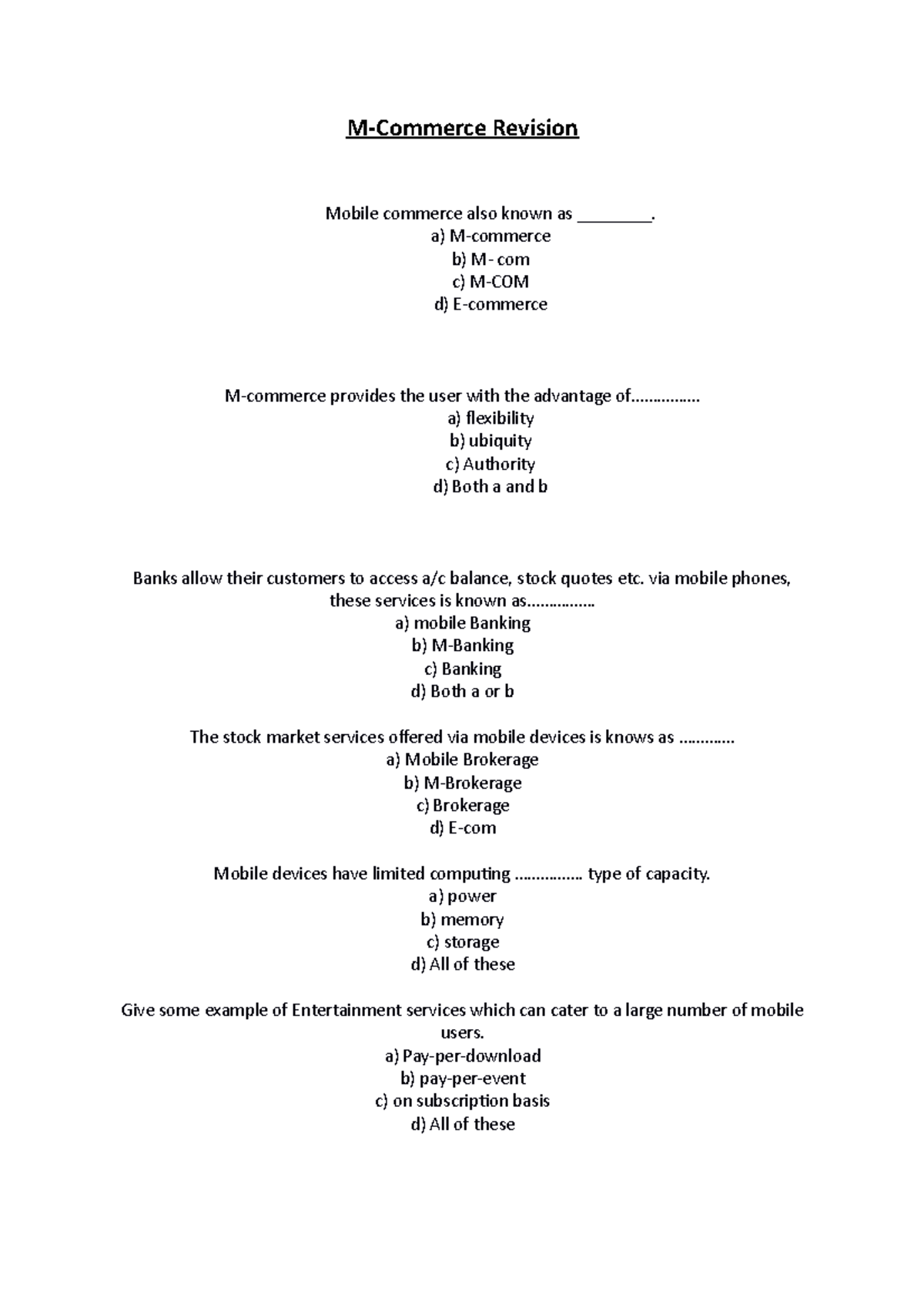 M Commerce Mcqs - Multiple Choice Questions And Answers - M-Commerce ...