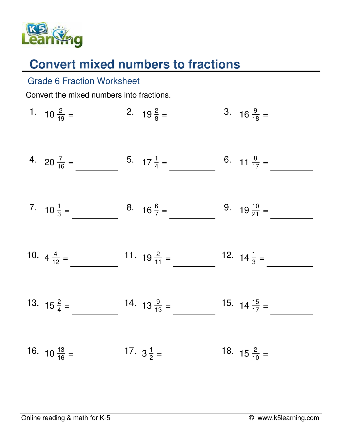 Grade converting mixed numbers to fractions a - Online reading & math ...