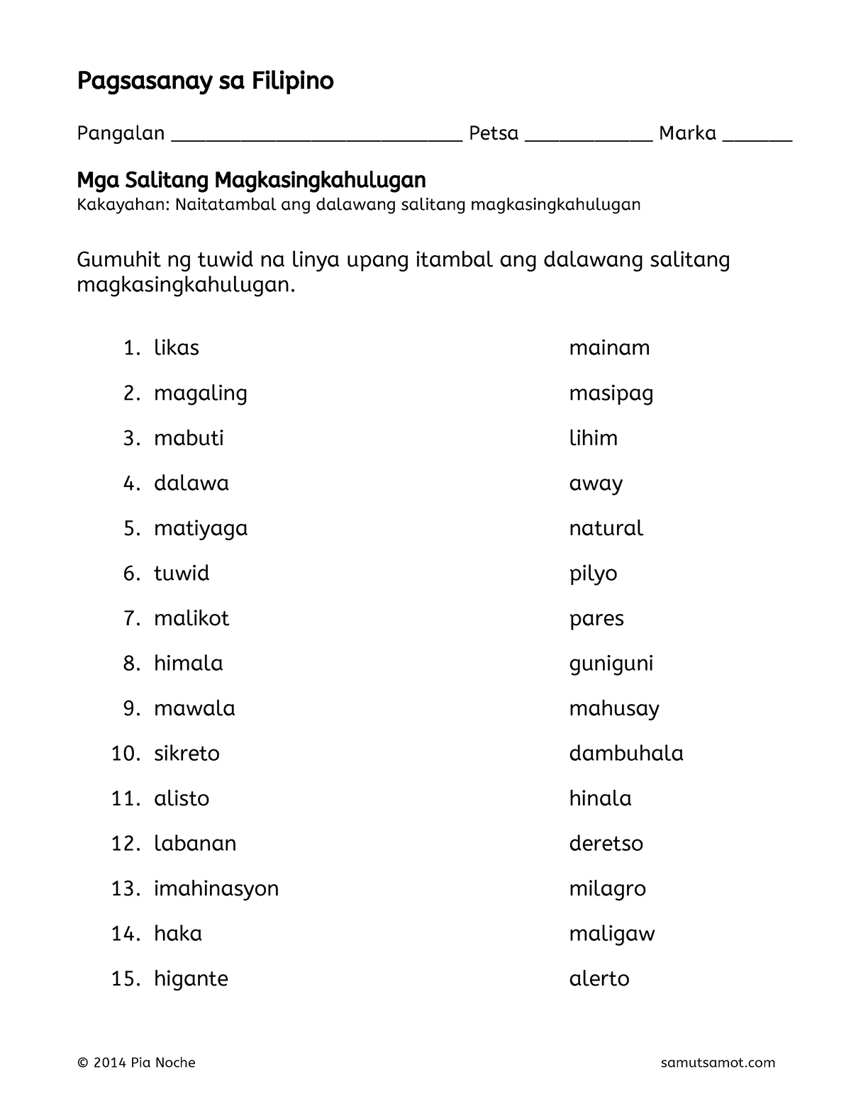 Salitang-magkasingkahulugan 1-1 - Pagsasanay Sa Filipino Pangalan