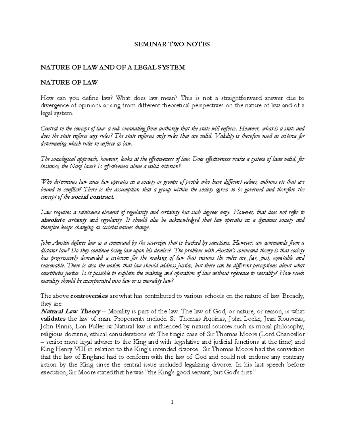 Seminar TWO Notes - Jurisprudence - SEMINAR TWO NOTES NATURE OF LAW AND ...