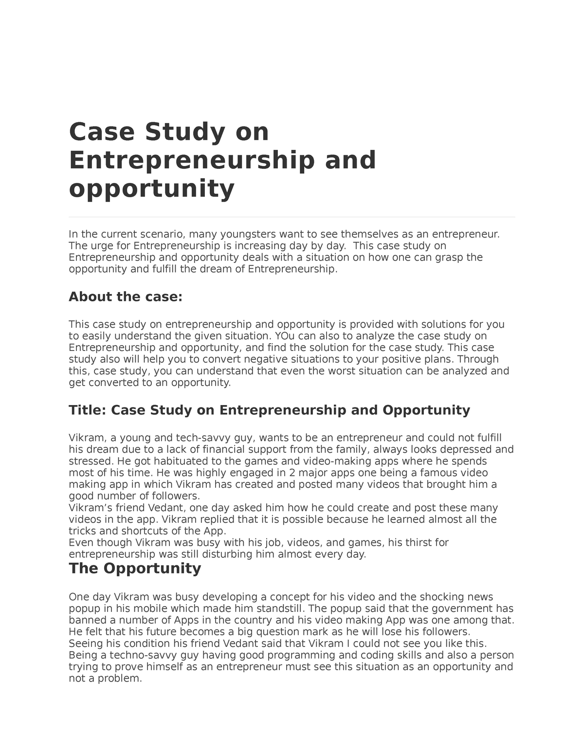 short case study on entrepreneurship