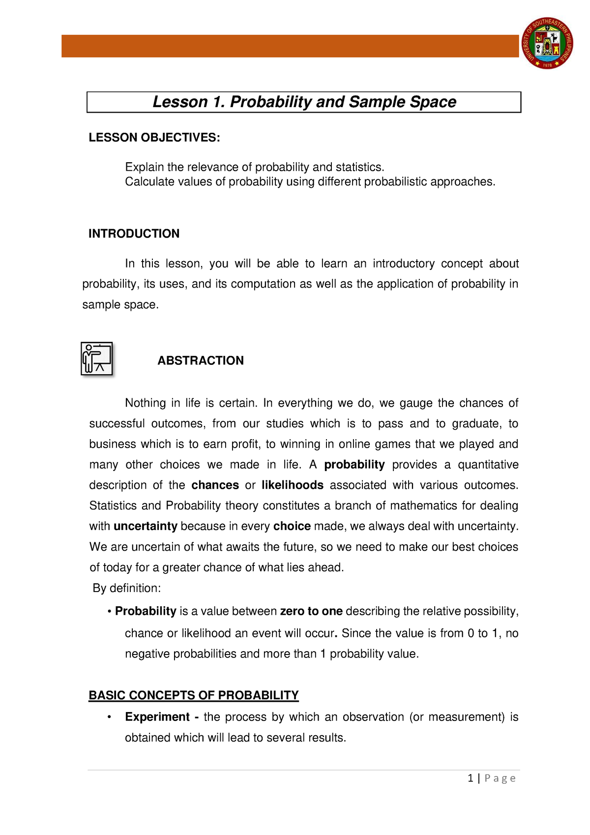 Lesson 1 Probability And Sample Space - Lesson 1. Probability And ...