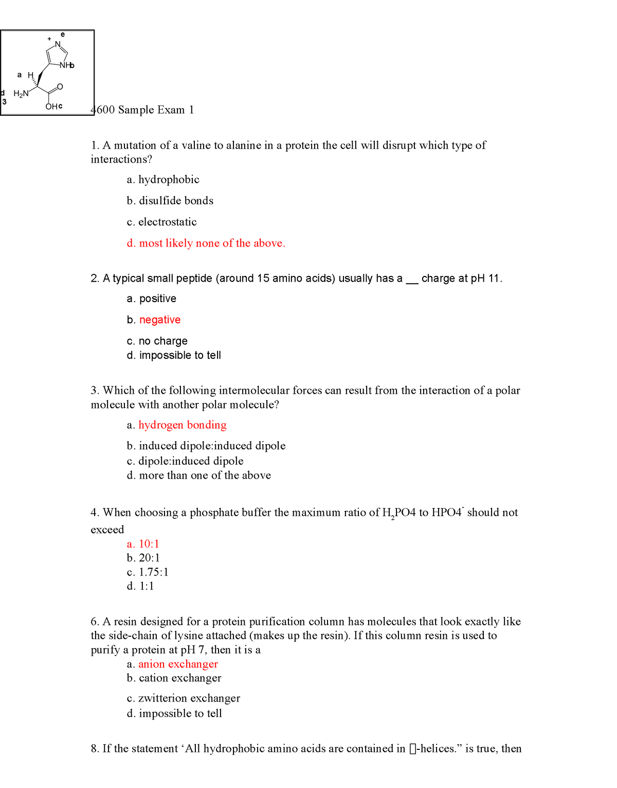 Biochemistry I - Sample Exam #1 With Answers - 4600 Sample Exam 1 A ...