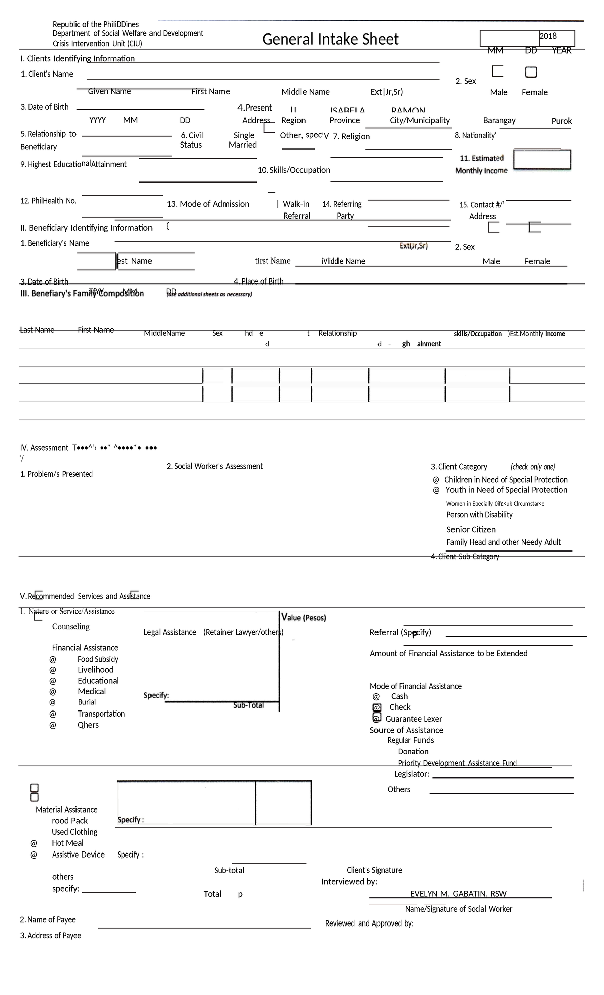 General intake sheet dswd - |l ISABELA RAMON 2018 Republic of the ...