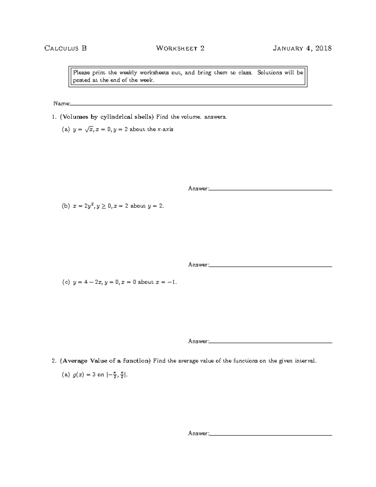 Worksheet 2-1 - Calculus B Worksheet 2 January 4, 2018 Please Print The ...