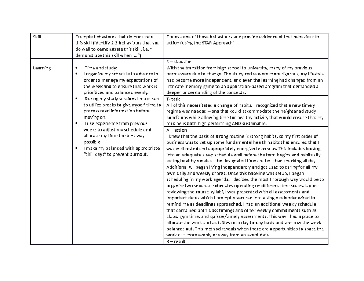 STAR Response - Practice - Skill Example behaviours that demonstrate ...