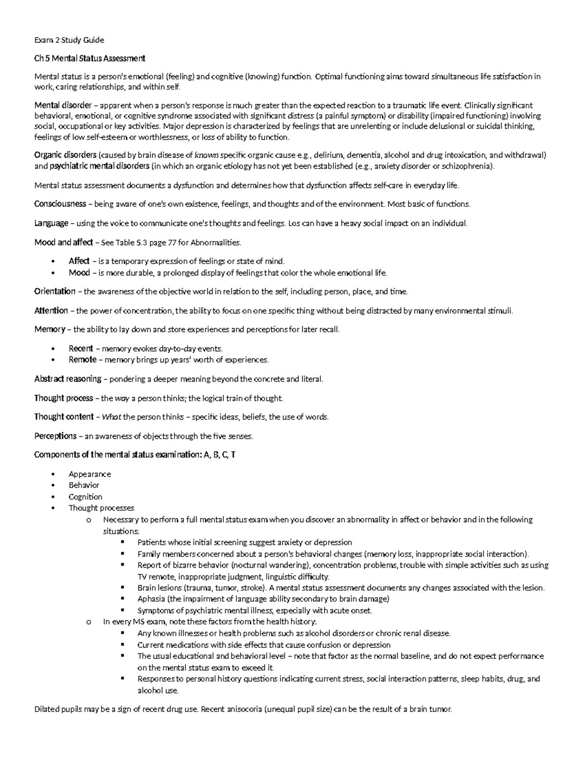 Health Assessment Exam 2 Study Guide - Exam 2 Study Guide Ch 5 Mental ...