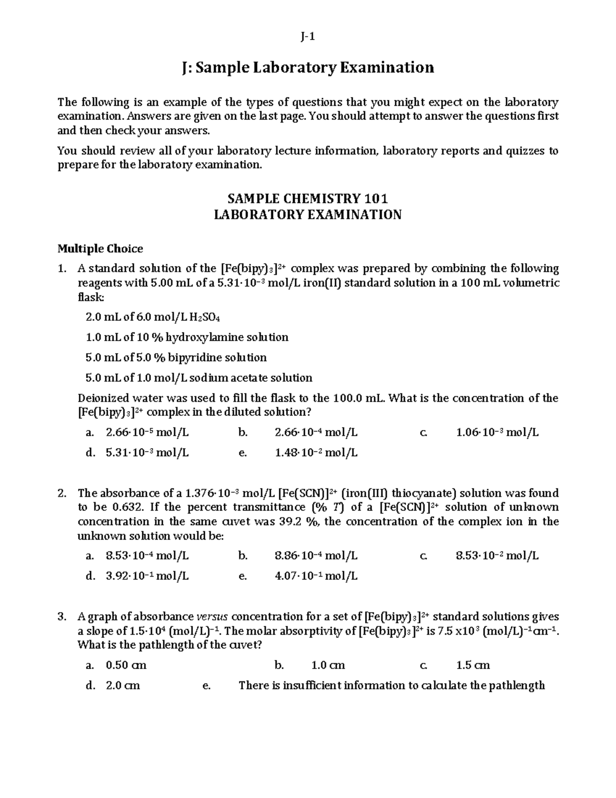 Practice Exam - J: Sample Laboratory Examination The following is an ...
