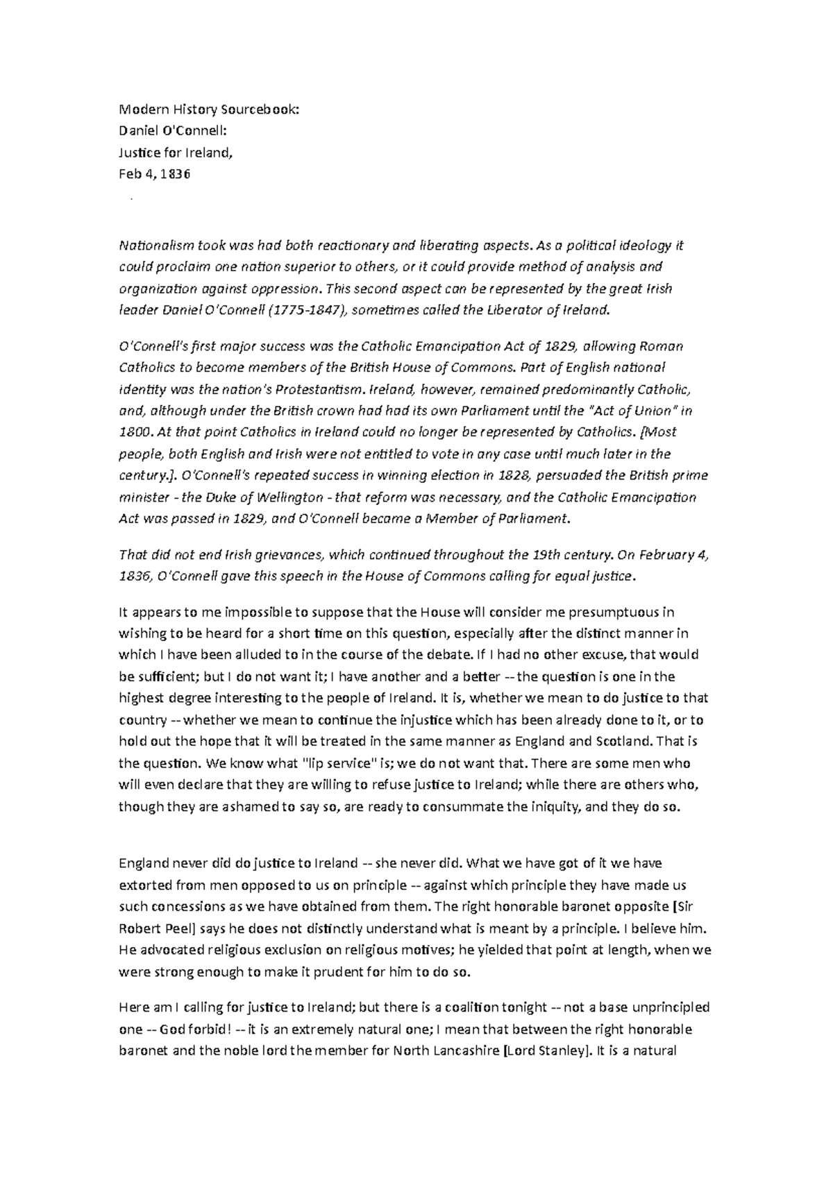 Modern History Sourcebook Modern History Sourcebook Daniel O'Connell