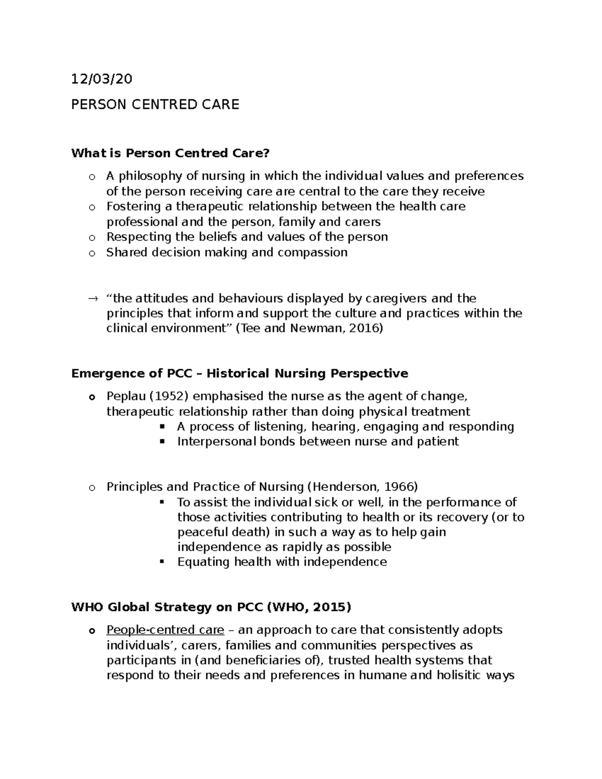 Person Centred Care - Lecture Notes 1 - 12/03/ PERSON CENTRED CARE What Is Person Centred Care ...