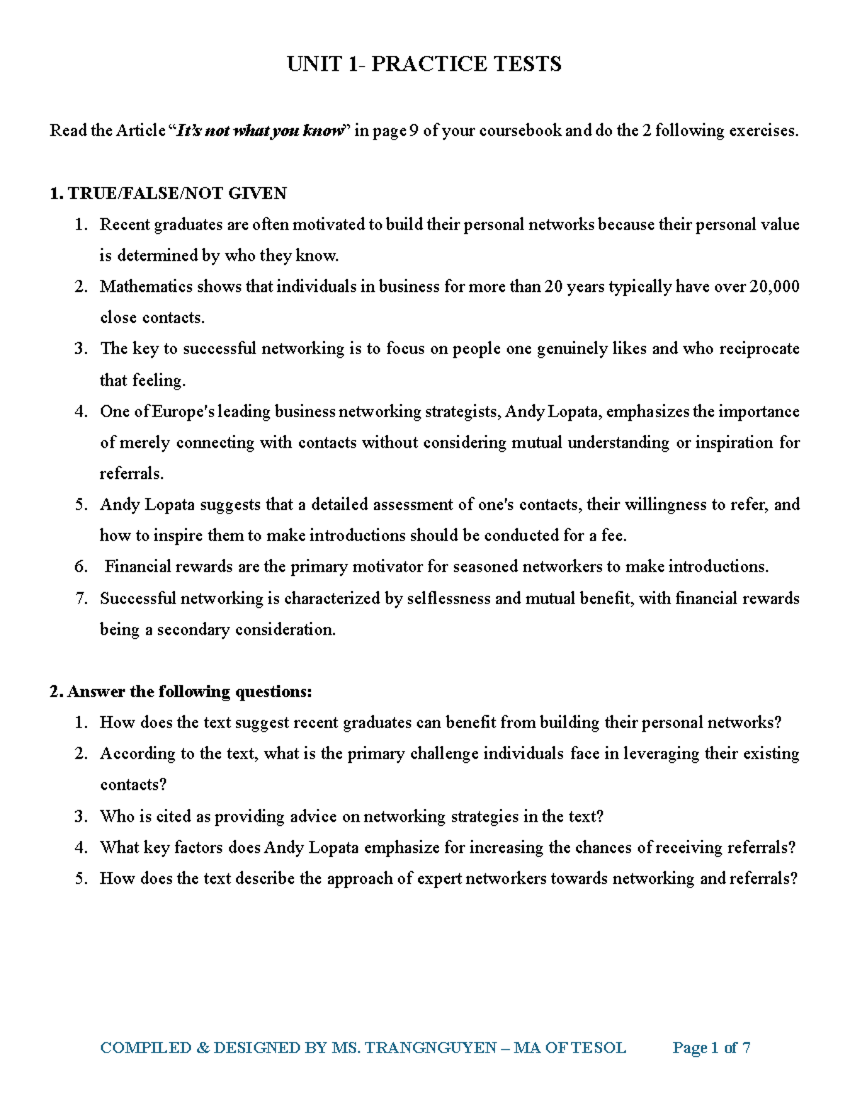 UNIT 1 - Further Practice - UNIT 1- PRACTICE TESTS Read the Article “It ...