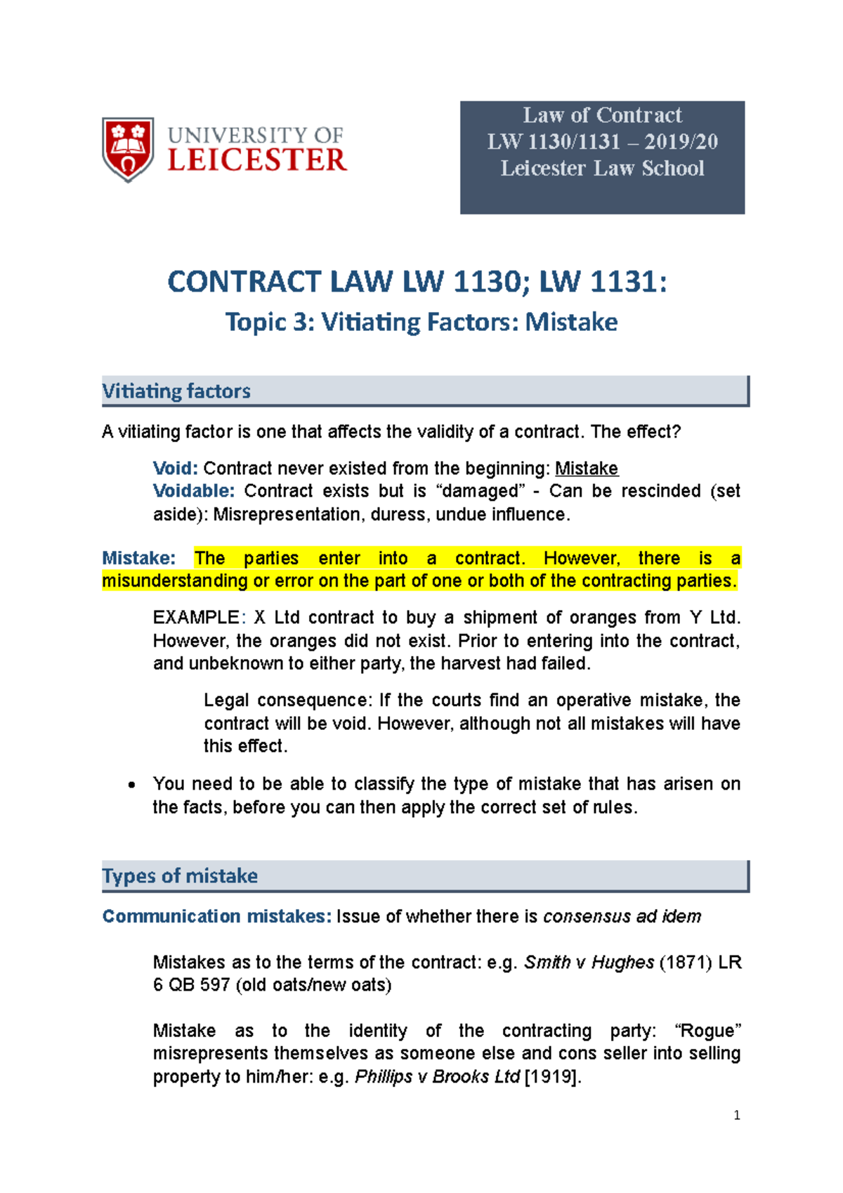 00Contract Law 2019-20 Mistake Lecture Guide - Law Of Contract LW 1130/ ...