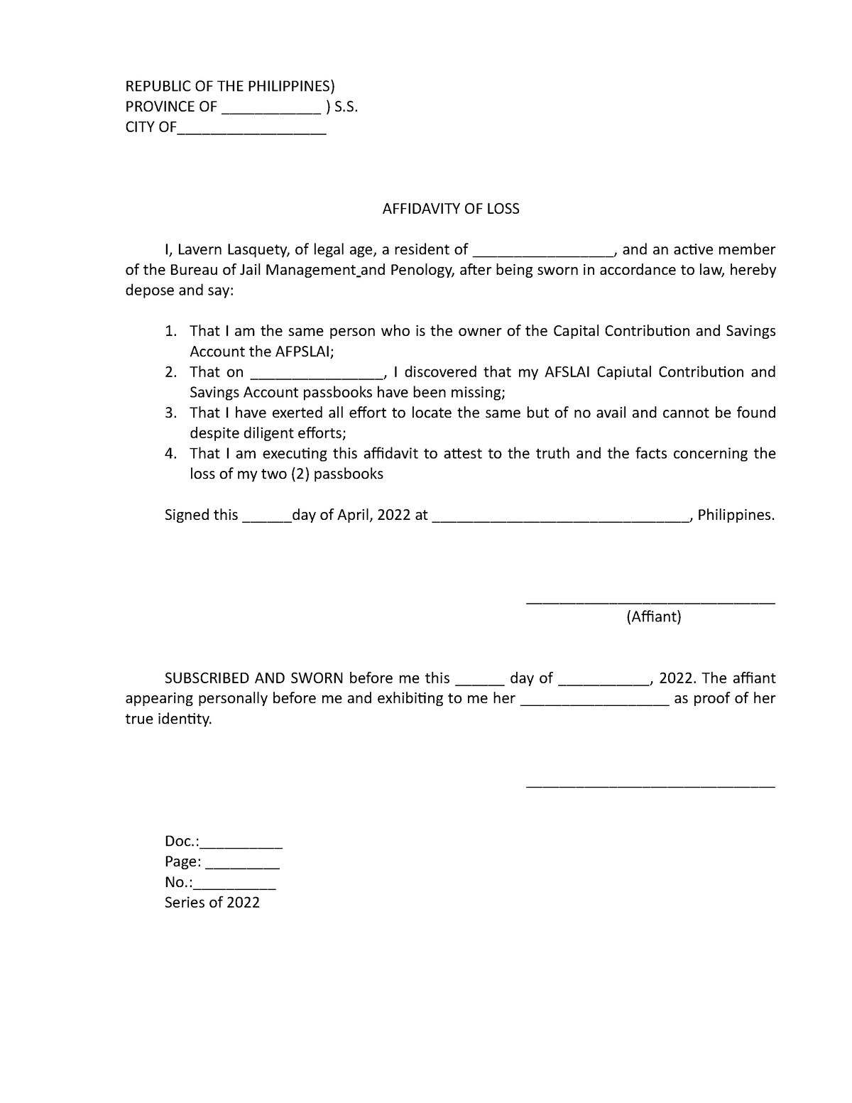 Affidavit - REPUBLIC OF THE PHILIPPINES) PROVINCE OF ____________ ) S ...