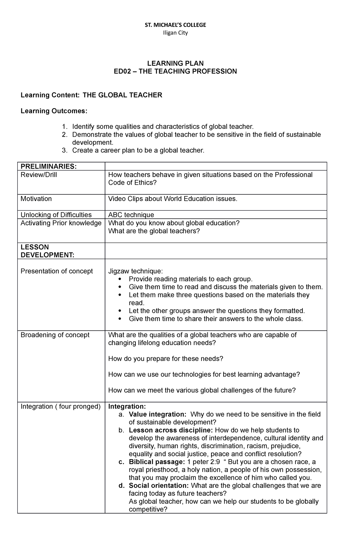 Ed 02 learning plan - ST. MICHAEL’S COLLEGE Iligan City LEARNING PLAN ...