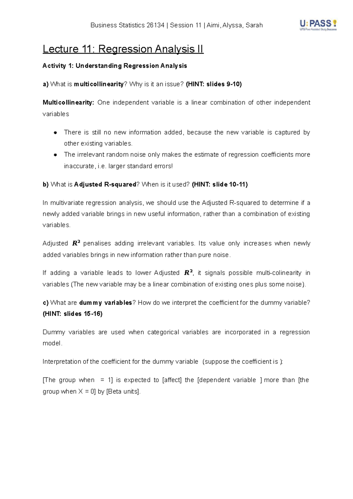 Group 1 - Upass 11 Regression II - 026134 - Studocu