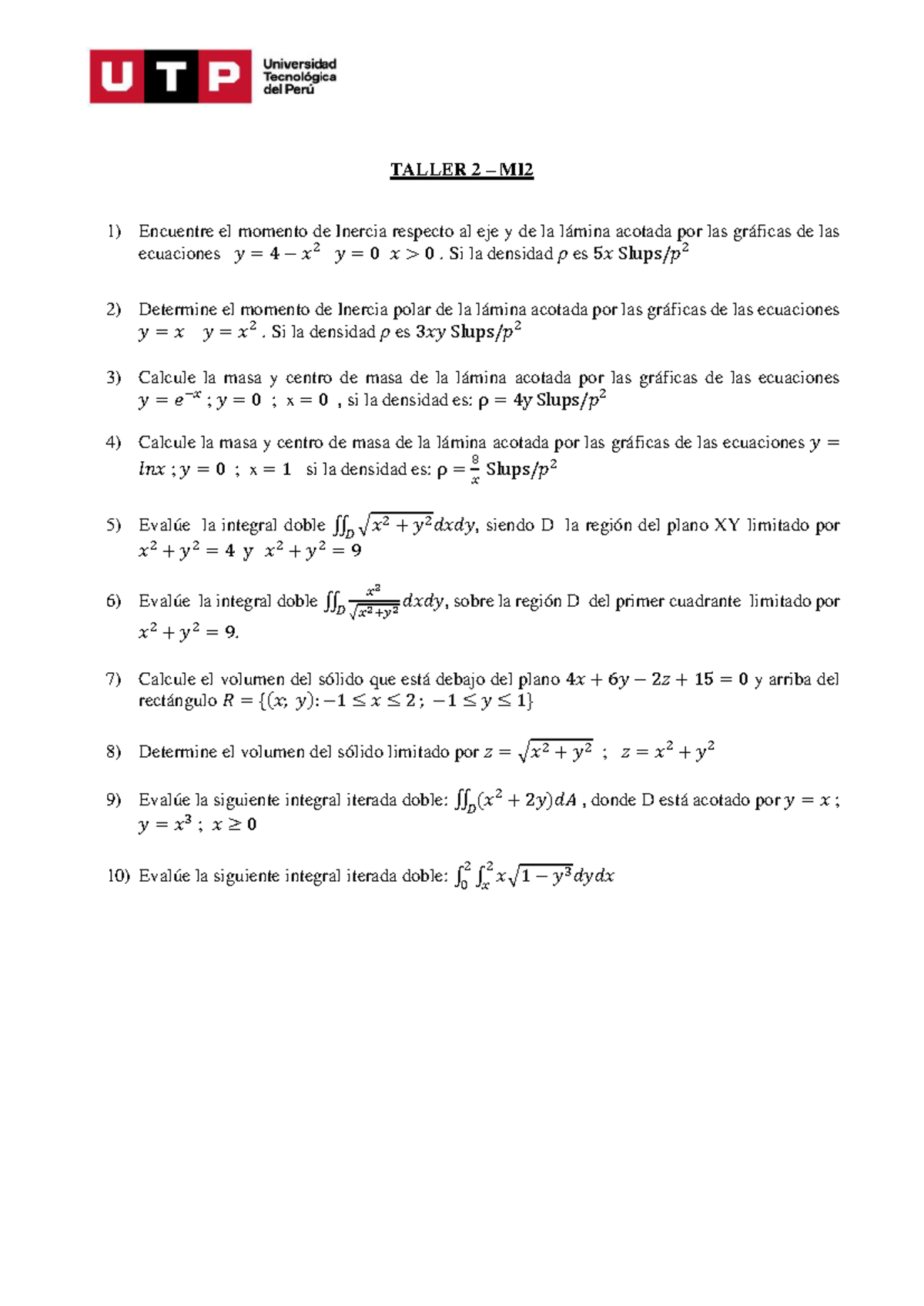 TALLER MATEMATICA PARA INGENIEROS 2 - TALLER 2 – MI Encuentre El ...