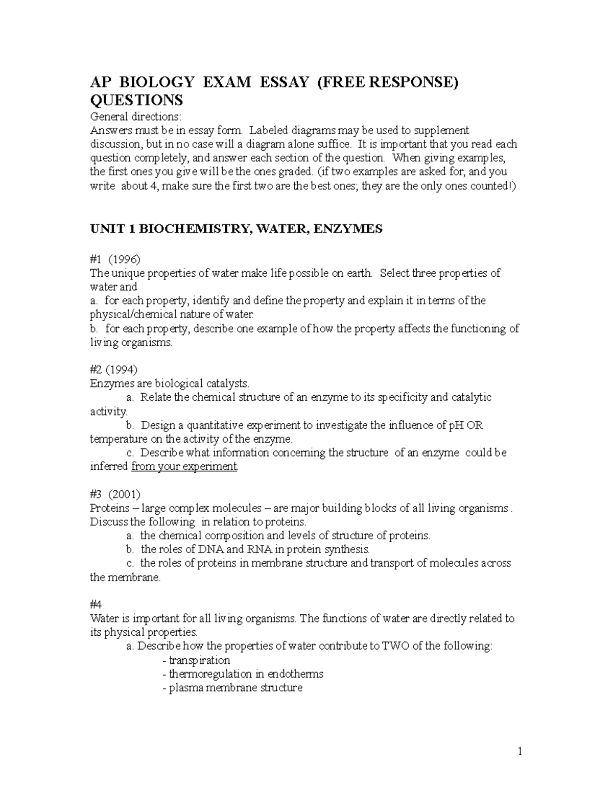 ap biology essay questions by topic