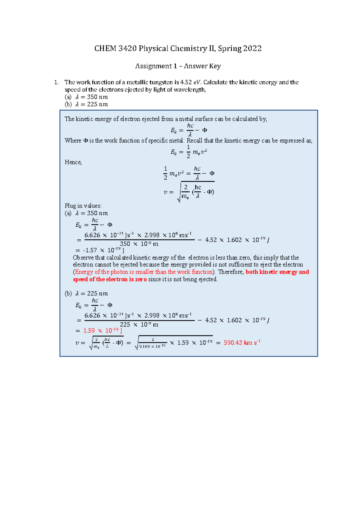 CHEM3420 HW1 solutions - CHEM 3420 Physical Chemistry II, Spring 2022 ...