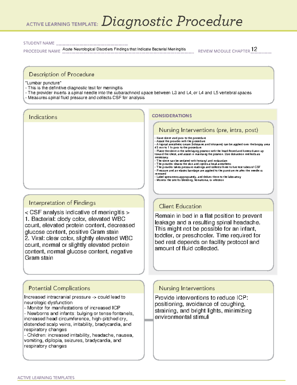 ATI remediation ACTIVE LEARNING TEMPLATES Diagnostic Procedure