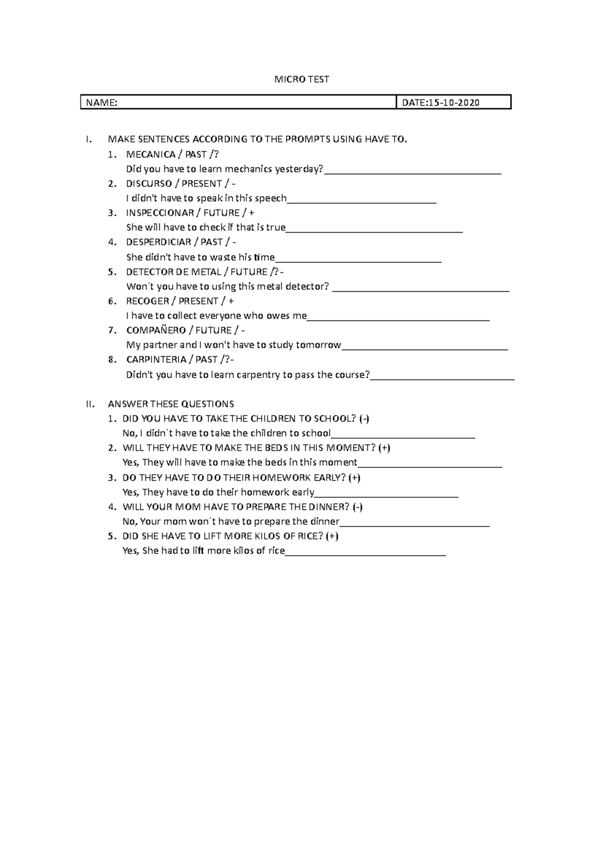 7. Micro TEST 6 - dsadas - MICRO TEST NAME: DATE:15-10- I. MAKE ...