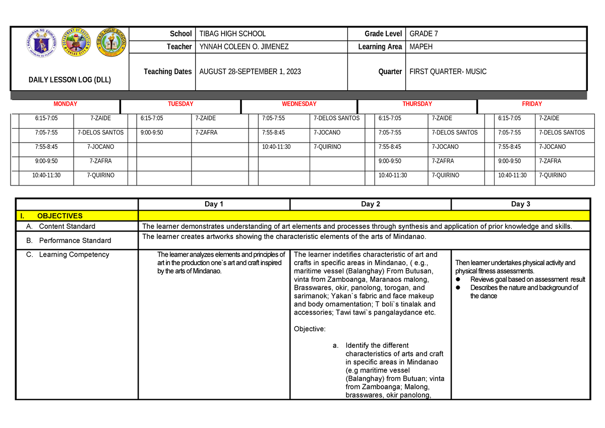 DLL-week 1-qt1 FOR GRADE 7 - DAILY LESSON LOG (DLL) School TIBAG HIGH ...