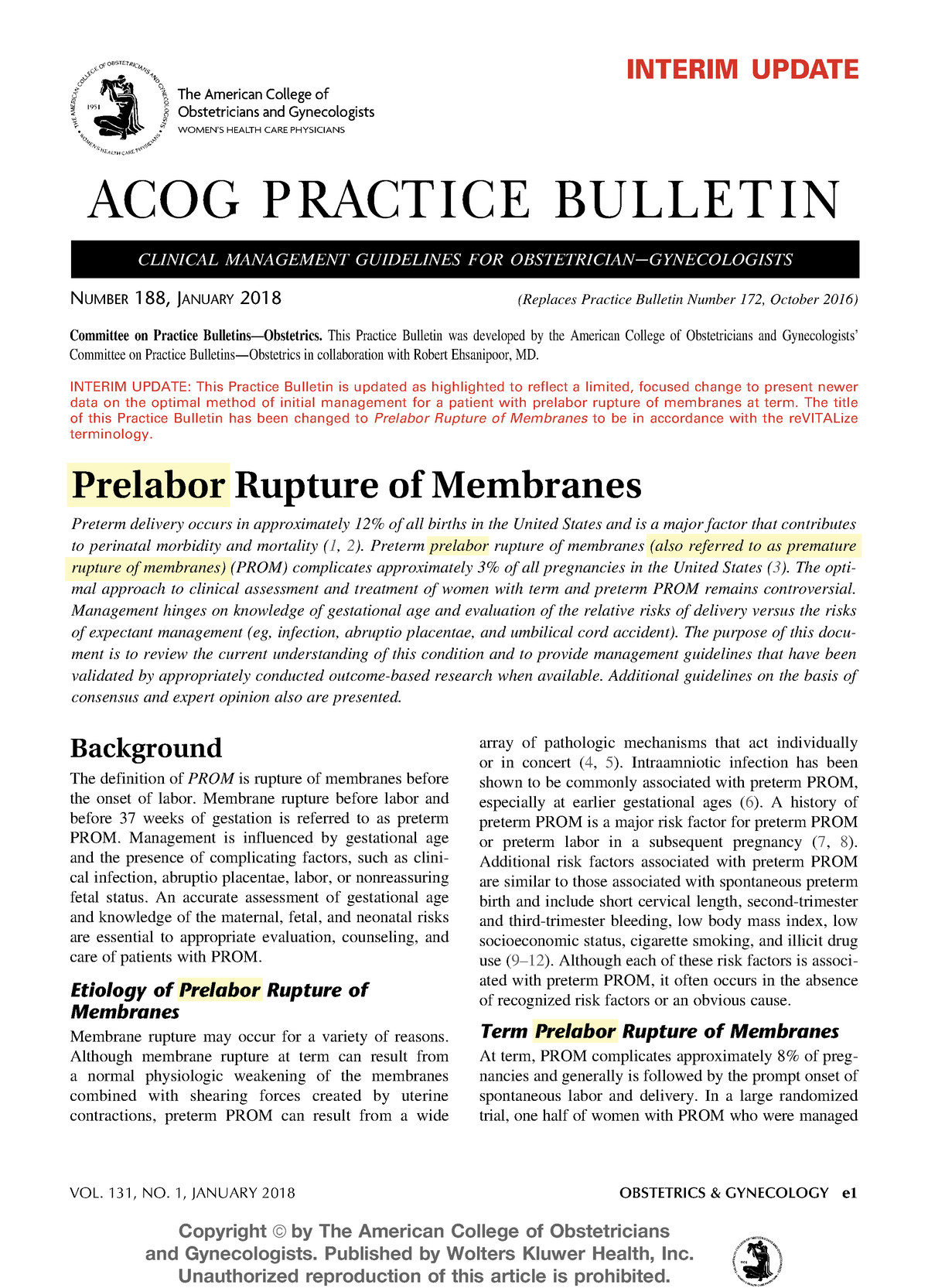 Acog Practice Bulletin No 188 2018 Vol 131 No 1 January 2018