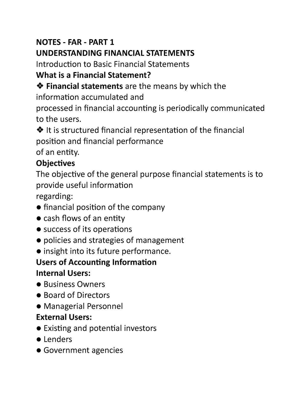 Analysis 1 - NOTES - FAR - PART 1 UNDERSTANDING FINANCIAL STATEMENTS ...