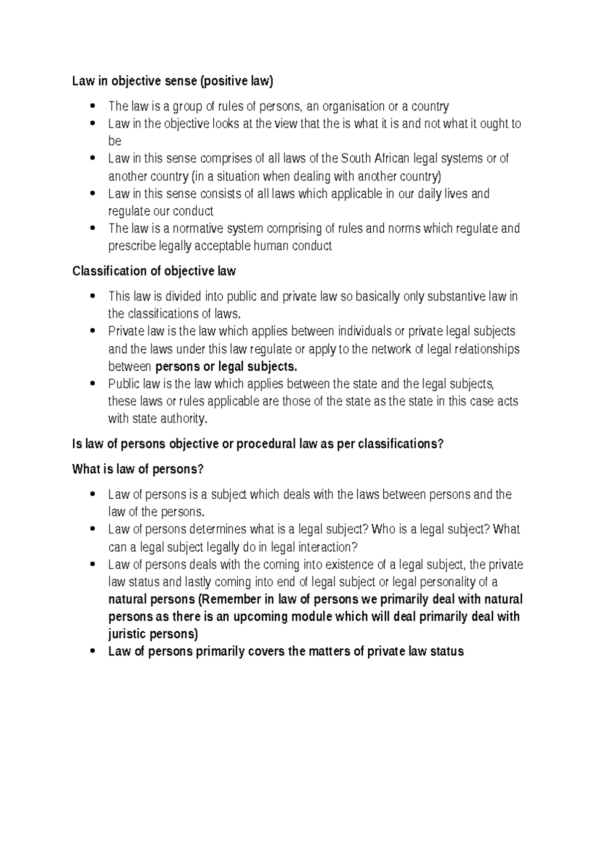 Law of persons - Law in objective sense (positive law) The law is a ...