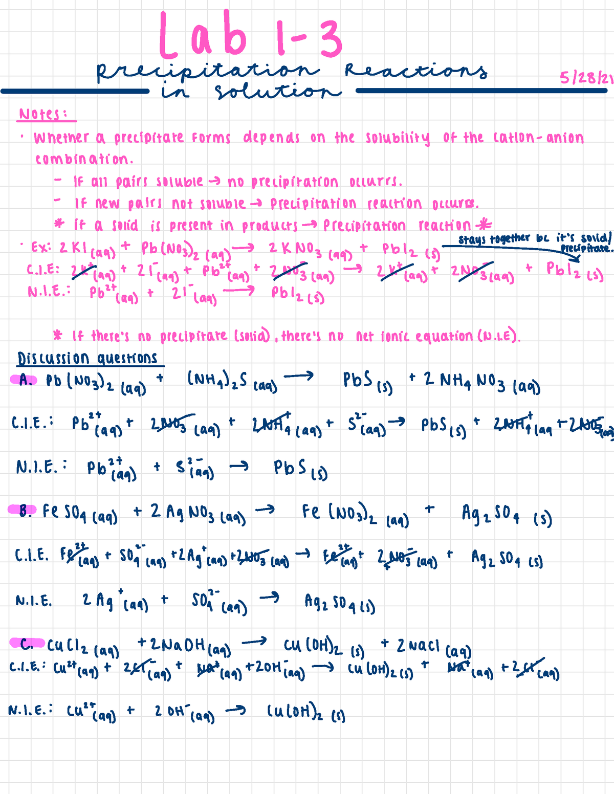 General Chemistry 1- Summer 2043 - Lab 1- 3 precipitation ...