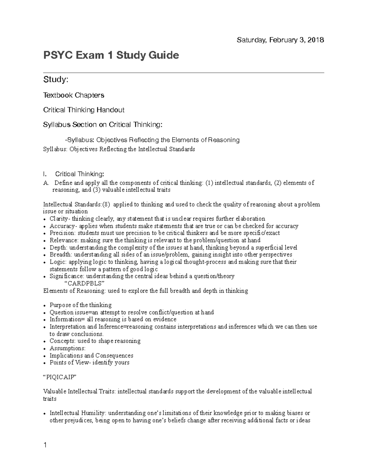 PSYC Study Guide EXAM 1 - Saturday, February 3, 2018 PSYC Exam 1 Study ...
