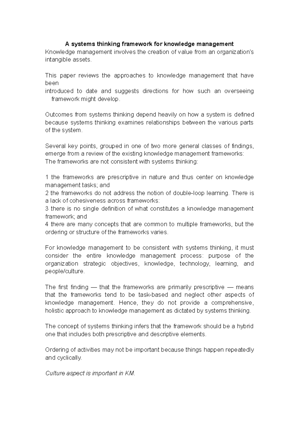 Notes a system thinking framework for knowledge management - A systems ...
