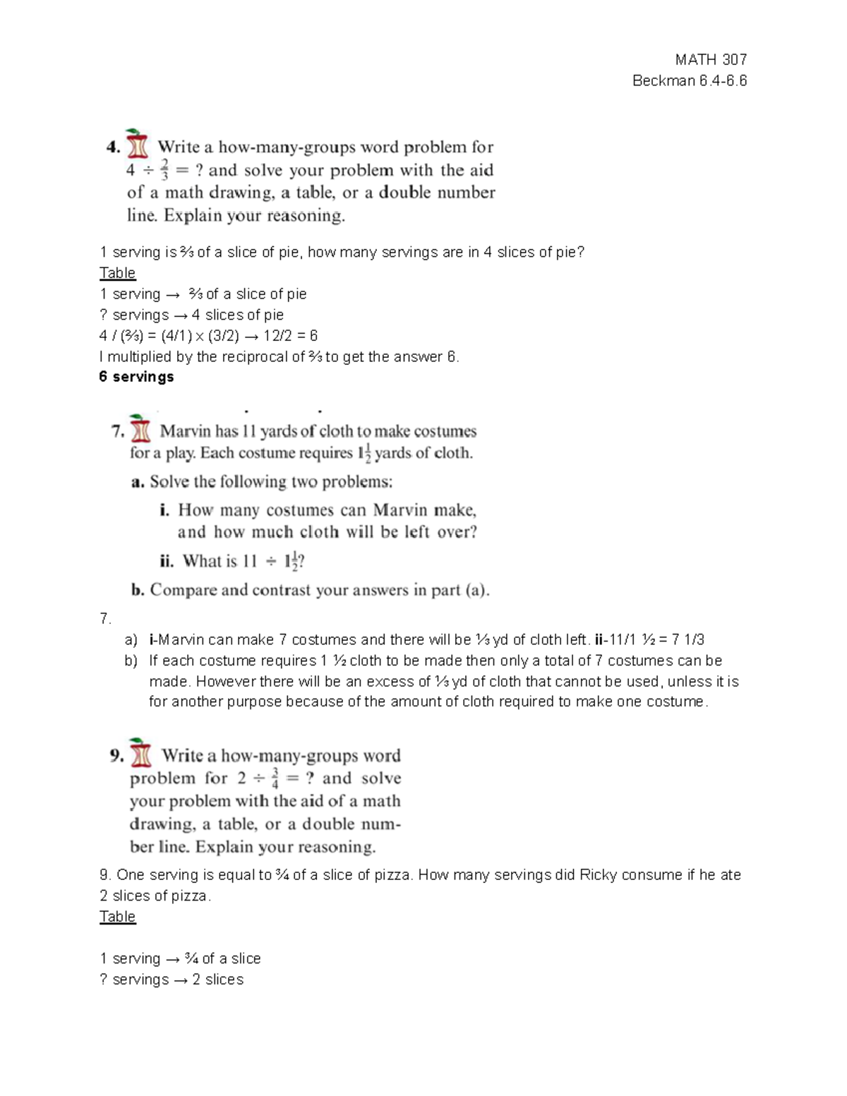 MATH 307 Homework - Math HW - Beckman 6-6. 1 serving is t of a slice of ...