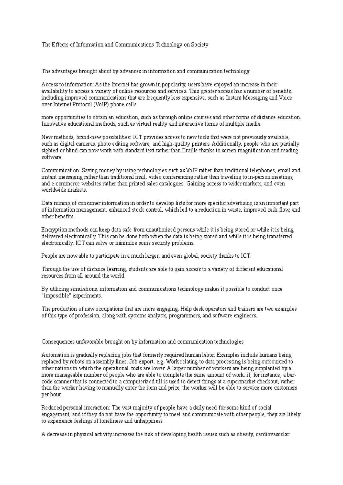 Impact of ICT on Society - The Effects of Information and ...