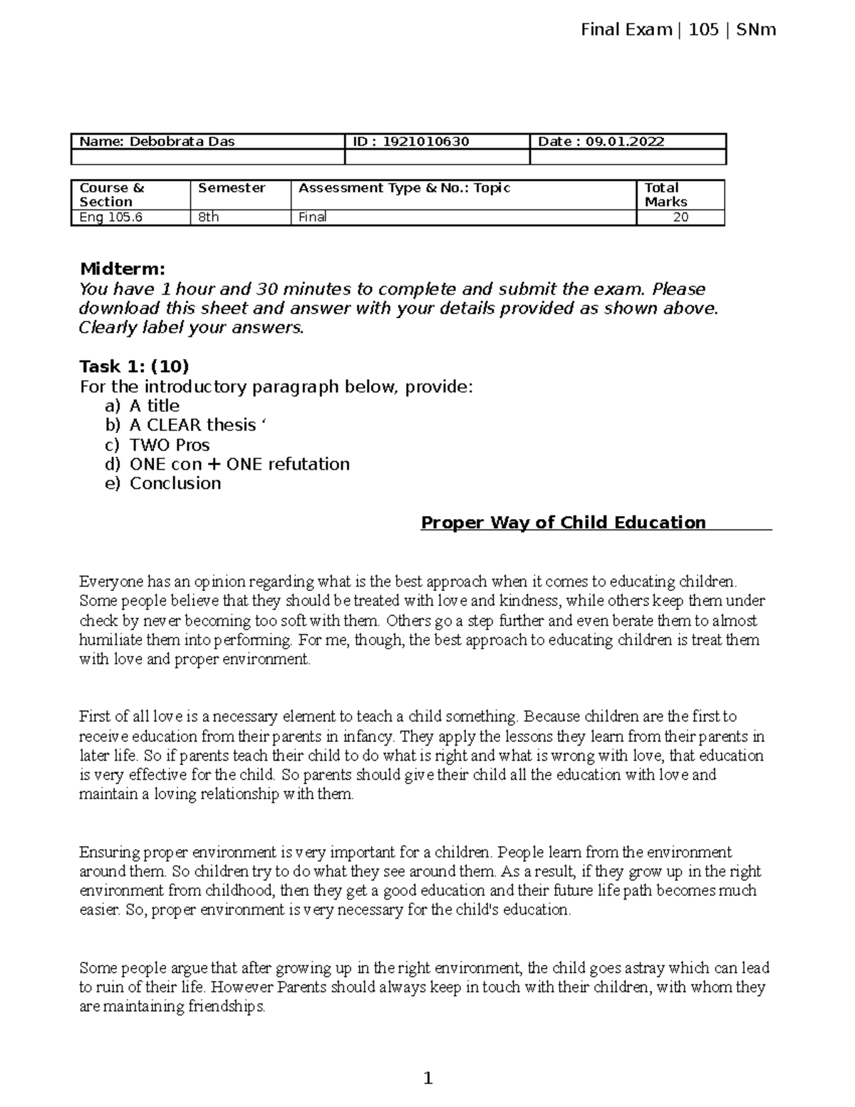 1 105 English Essays Final Exam 105 SNm Name: Debobrata Das ID 1 105 English Essays Final Exam 105 SNm Name: Debobrata Das ID
