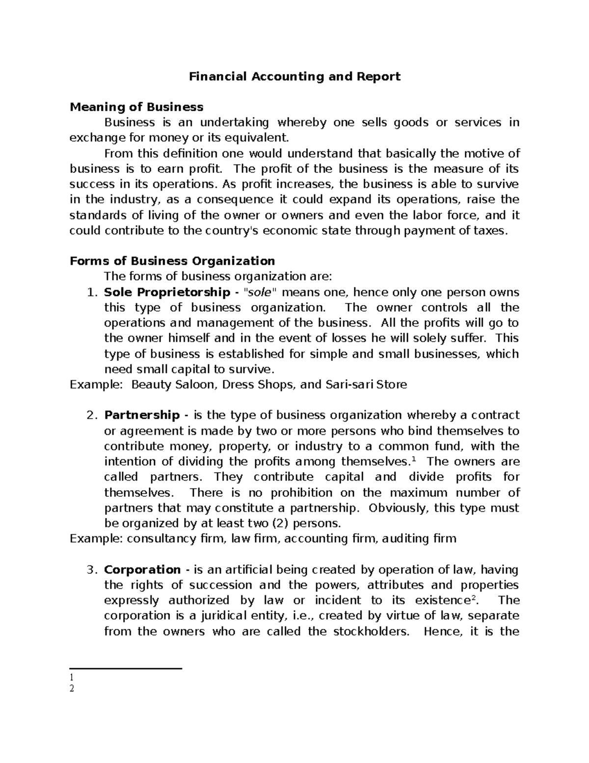 FAR Notes Part 1 Financial Accounting and Report Meaning of