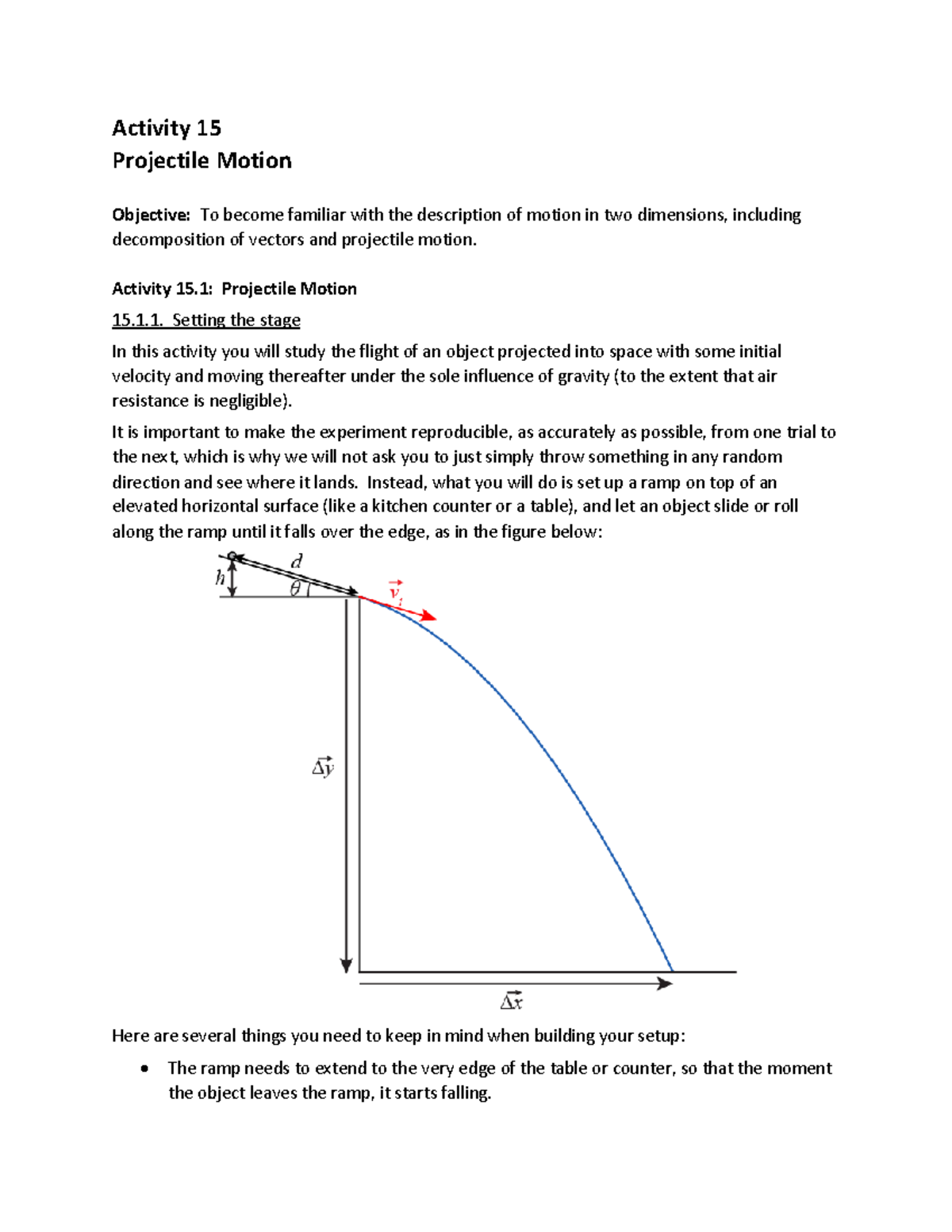 Lab 15 - Projectile Motion - Activity 15 Projectile Motion Objective ...