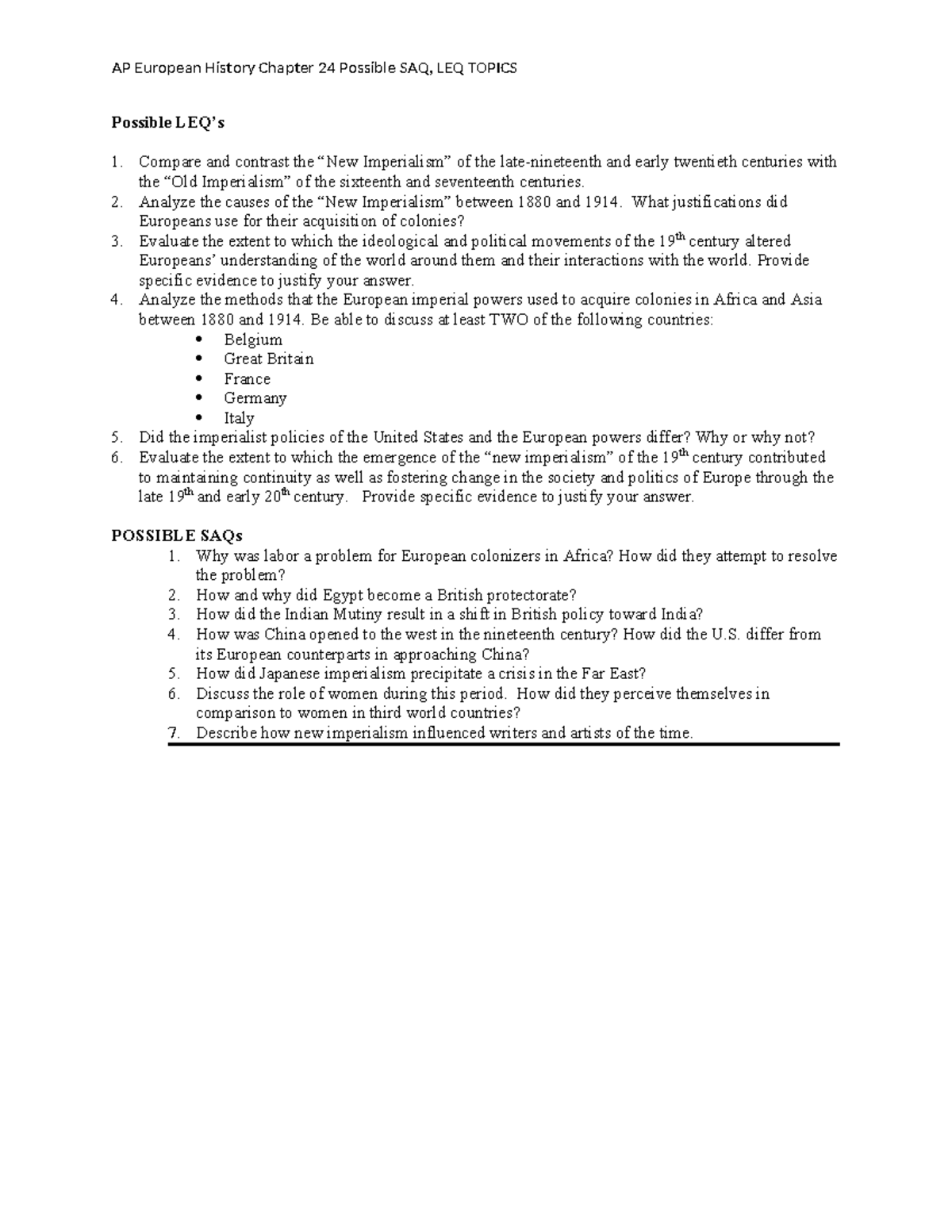 APE Chapter 24 Possible LEQ SAQ Topics 2024 4 AP European History 