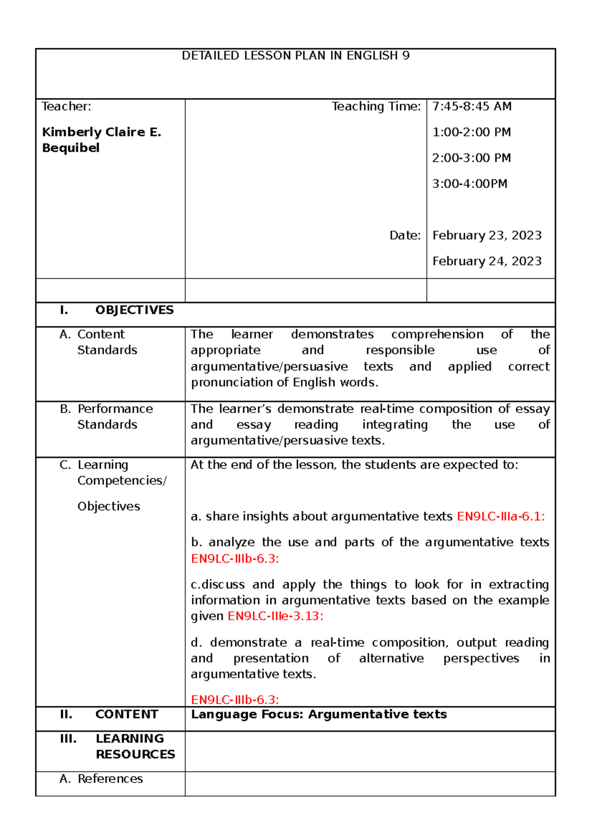 argumentative essay detailed lesson plan grade 10