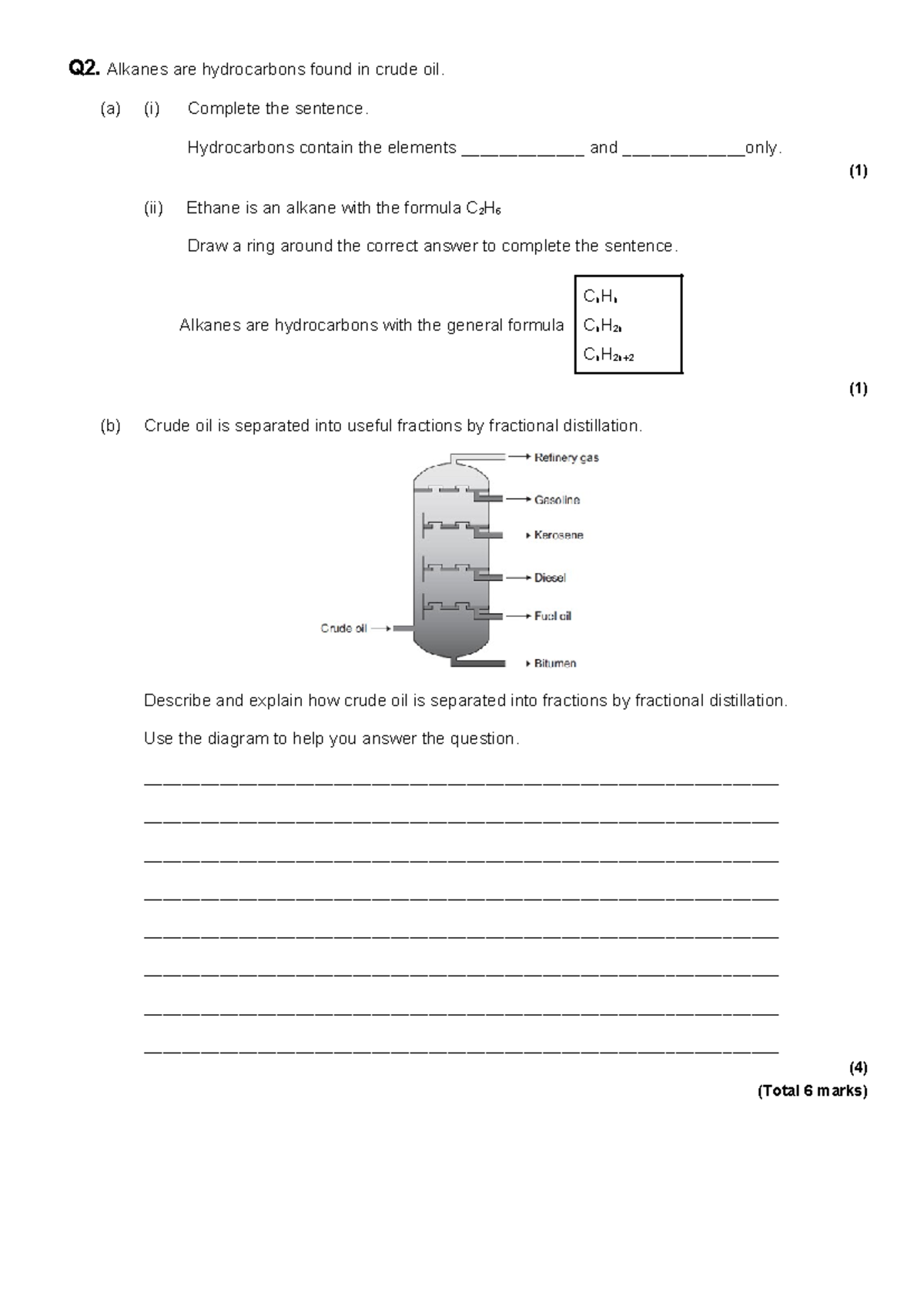 Phoebe Fullerton Fractional Distillation Exam Q Only Q2 Alkanes