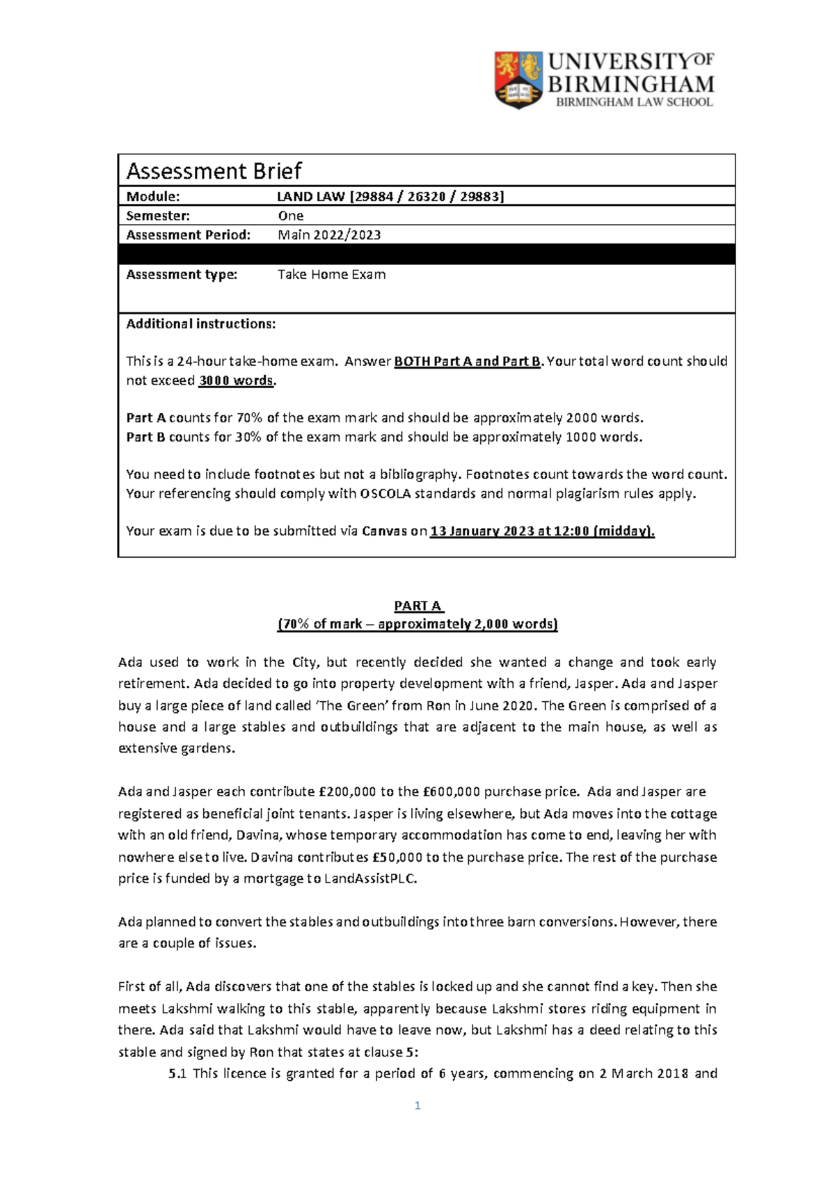 [29884 26320 29883 ] Land Law Summative Take Home Exam 1 PART A (70