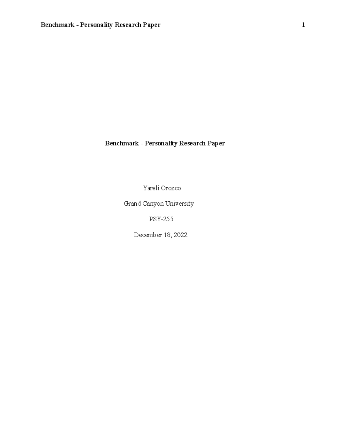 Benchmark - Personality Research Paper Psy 255 - Benchmark ...